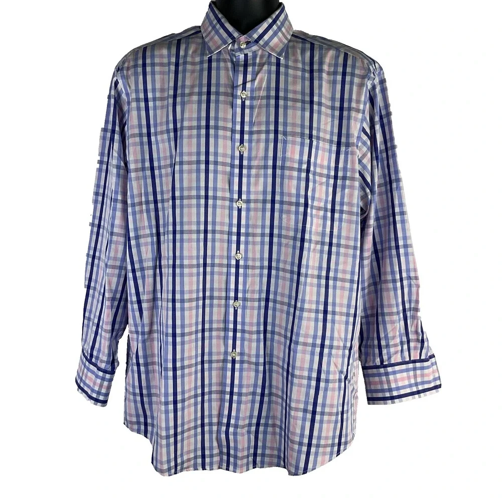 Tommy‎ Hilfiger Men's Dress Shirt Blue Plaid Sz 16 32/33 Regular Fit Long Sleeve